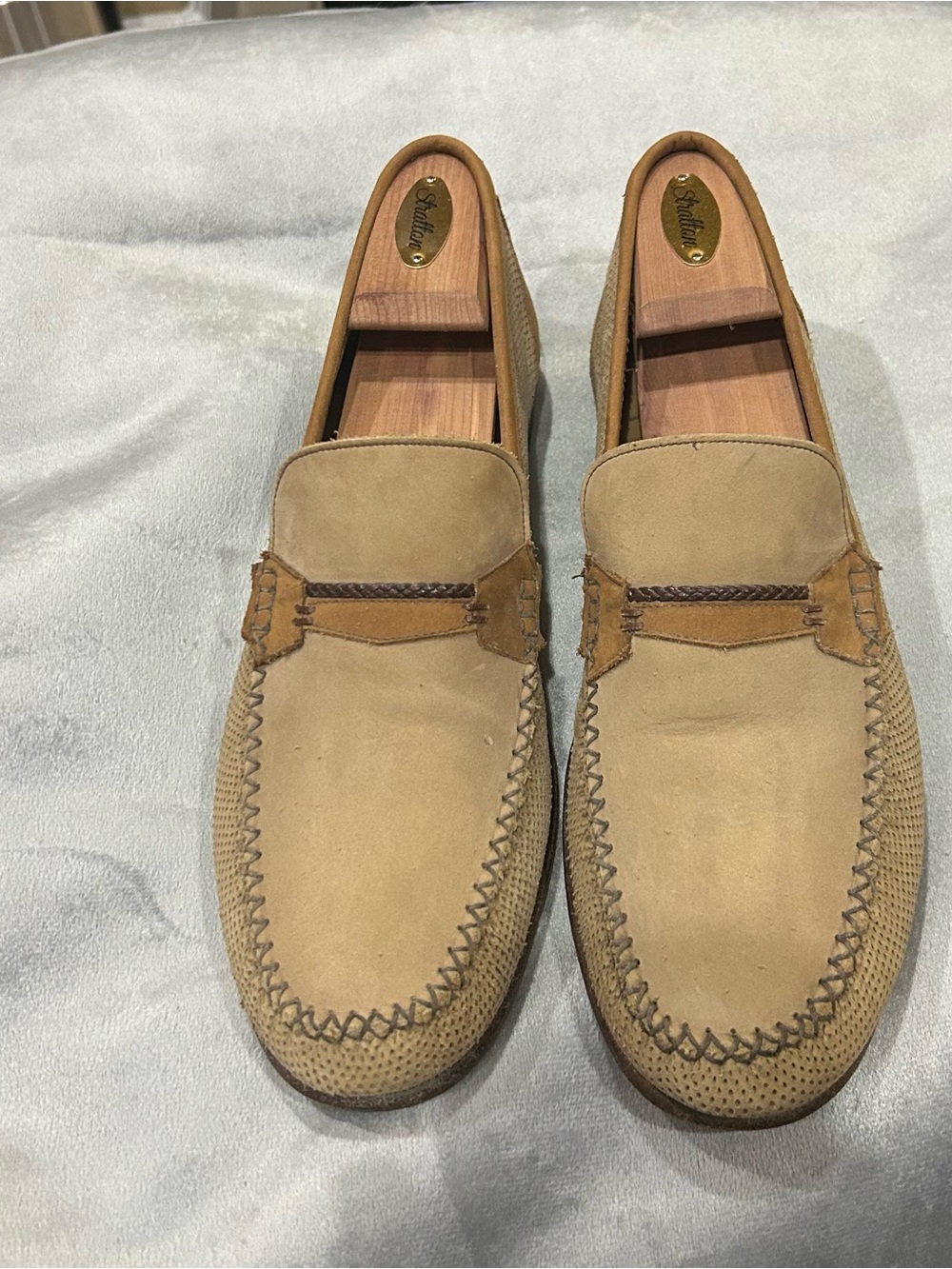 Moreschi Beige Suede Penny Loafers with Tan Accents